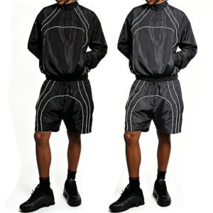 Low Shrink Woven Windbreaker Tracksuit Men, Half Zip Stand Collar Jacket & Striped Athletic Shorts, Curved Line Print Streetwear 2 Piece Outfit Custom Logo ****
