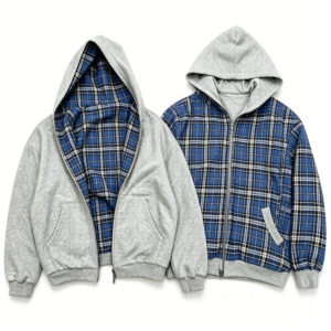 Men Reversible Plaid Lined Zip Up Hoodie, Double Sided Wear Crop Oversized Hooded Jacket, Low Shrink Vintage Streetwear Blank Hoodie Custom Logo Wholesale