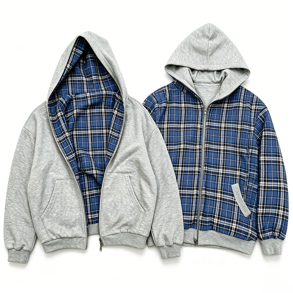Men Reversible Plaid Lined Zip Up Hoodie, Double Sided Wear Crop Oversized Hooded Jacket, Low Shrink Vintage Streetwear Blank Hoodie Custom Logo Wholesale