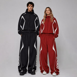 Low Shrink Woven Windbreaker Tracksuit, Unisex Cropped Hooded Zip Jacket & Wide Leg Jogger Pants, Curved Contrast Print Streetwear 2 Piece Couple Outfit Custom Logo ****