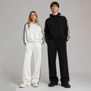 Low Shrink Unisex 3 Stripes Tracksuit, Cropped Zip Up Hoodie & Wide Leg Sweatpants, Retro Side Stripe Couple Jogger Set Custom Logo ****