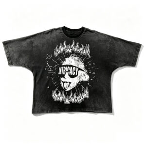 Unisex Cropped Boxy Oversized Graphic T-Shirt, Vintage Washed Einstein Flame Front & Gothic Text Back Print Tee, Pre-Shrunk Low Shrink Heavy Cotton Punk Streetwear T Shirt