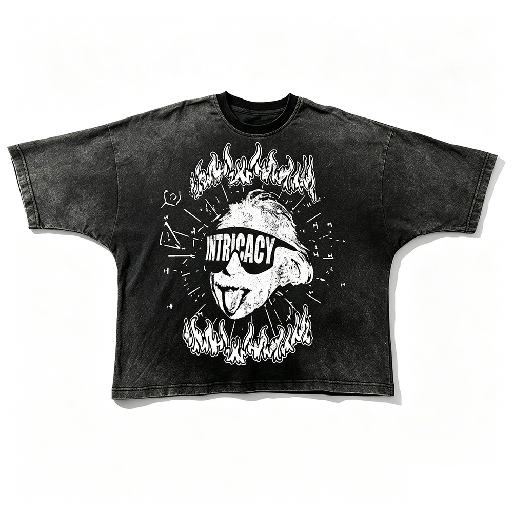 Unisex Cropped Boxy Oversized Graphic T-Shirt, Vintage Washed Einstein Flame Front & Gothic Text Back Print Tee, Pre-Shrunk Low Shrink Heavy Cotton Punk Streetwear T Shirt