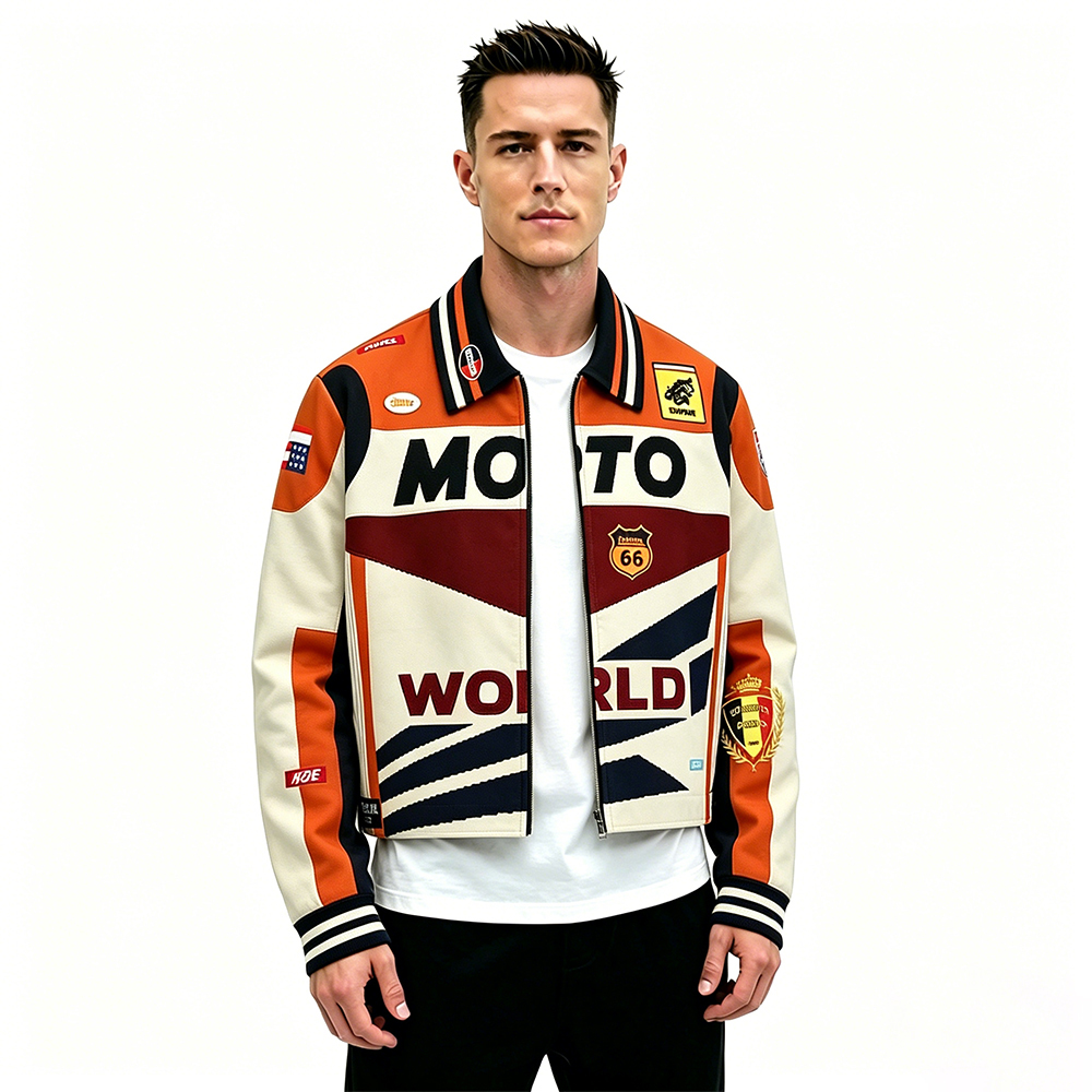 Men Cropped Racing Moto World Jacket, Vintage Motorsport Patch Lapel Zip Up Jacket, Low Shrink Streetwear Biker Short Coat Custom Logo Wholesale