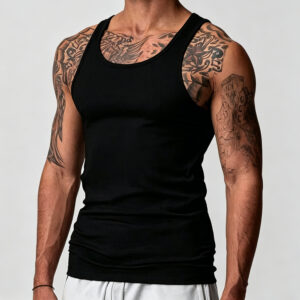 Men Ribbed U Neck Tank Top, Low Shrink Stretch Muscle Fit Sleeveless Shirt, Athletic Gym Workout Vest, Custom Logo Blank Undershirt