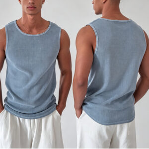 Men Washed Waffle Knit Tank Top, Crew Neck Loose Fit Sleeveless Vest, Low Shrink Cotton Poly Casual Summer Tank, Custom Embroidery Logo Blank Top