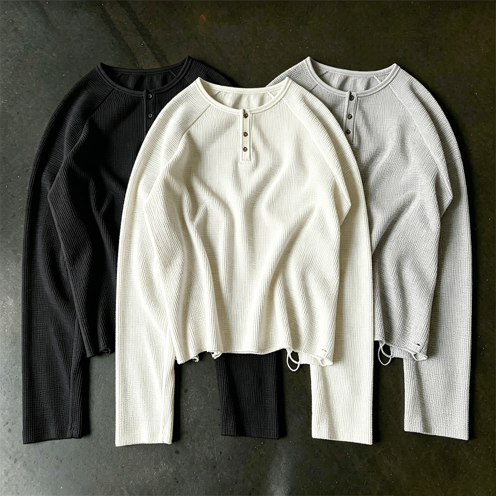 Women Waffle Knit Henry Long Sleeve Top, Button Placket Cropped Raw Hem Drawstring Blouse, Low Shrink Vintage Casual Raglan Sleeve Shirt Custom Logo