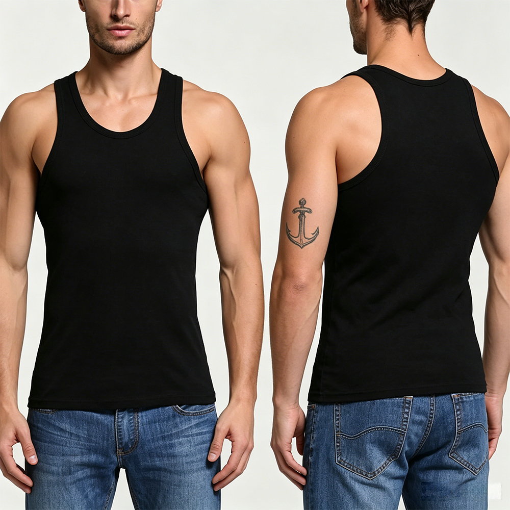 Men U Neck Ribbed Tank Top, Slim Fit Stretch Sleeveless Undershirt, Low Shrink Solid Muscle Vest Custom Logo Wholesale
