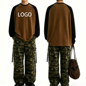 Oversized Raglan Long Sleeve T Shirt, Curved Hem Crew Neck Blank Baseball Tee, Low Shrink Pre-Shrunk Cotton Contrast Color Custom Print Streetwear Top Wholesale