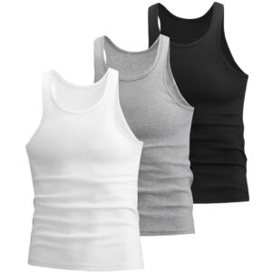 Men Ribbed Slim Fit Tank Top, Stretch Breathable Crew Neck Athletic Sleeveless Undershirt, Pre-Shrunk Low Shrink Gym Workout Base Layer Vest Custom Logo