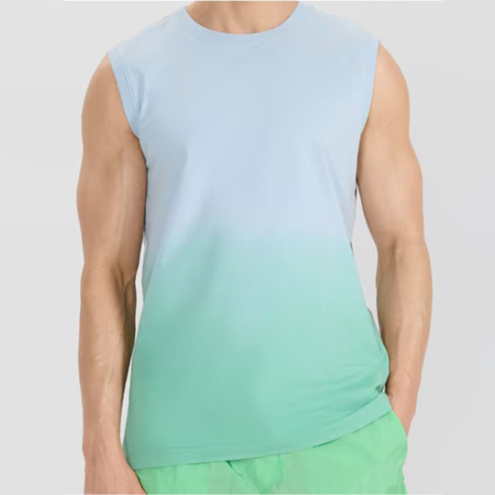 Men Gradient Dye Sleeveless Tank Top, 100% Polyester Quick Dry Breathable Crew Neck Muscle Tee, Pre-Shrunk Low Shrink Athletic Workout Vest Custom Logo
