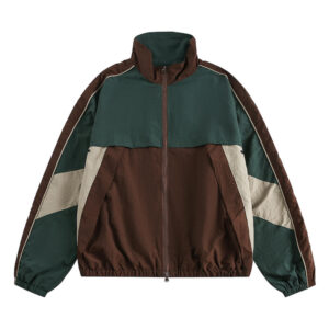 Men Color Block Stand Collar Nylon Windbreaker Jacket, Vintage Contrast Panel Lightweight Windproof Track Jacket, Elastic Hem Cuff Loose Casual Outdoor Jacket, Pre-Shrunk Low Shrink Wind Coat Custom Logo