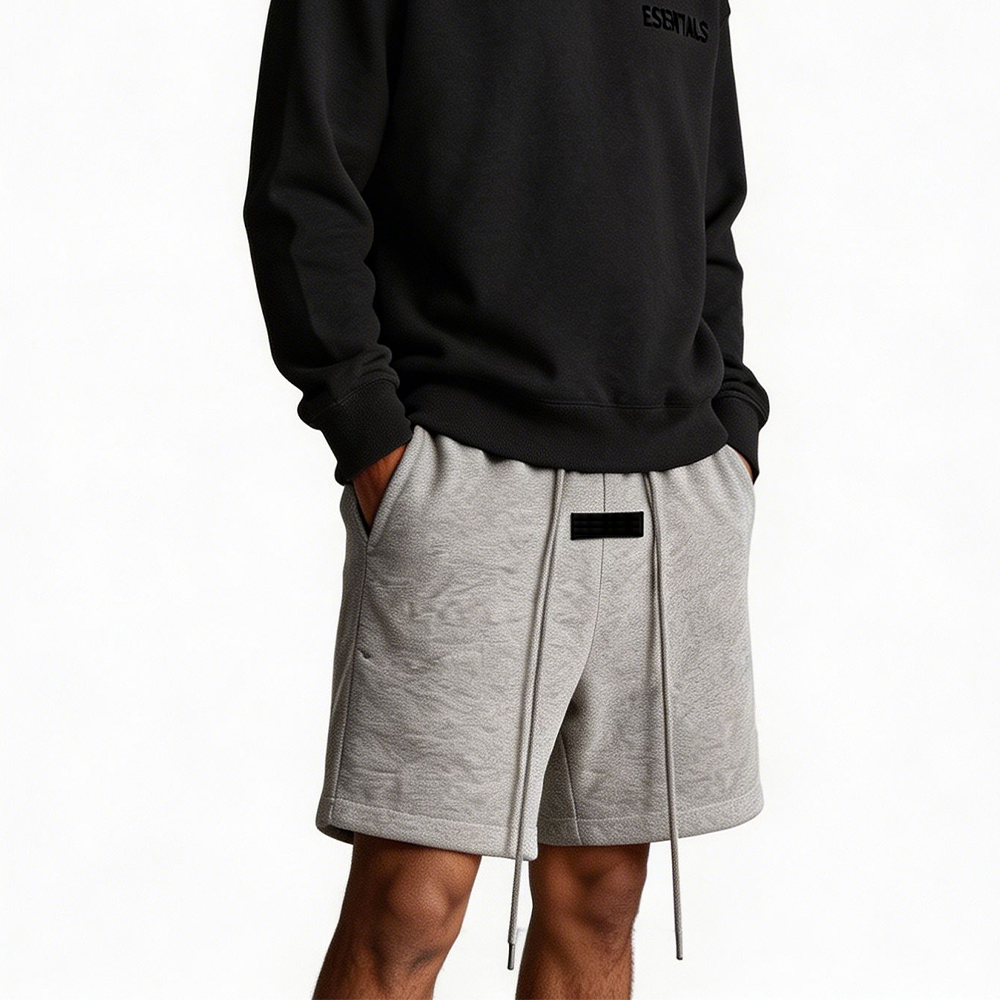 Men Embossed Texture Heavyweight Sweat Shorts, Elastic Drawstring Waist Minimal Label Loose Fit Mid Length Casual Streetwear Knit Gym Shorts