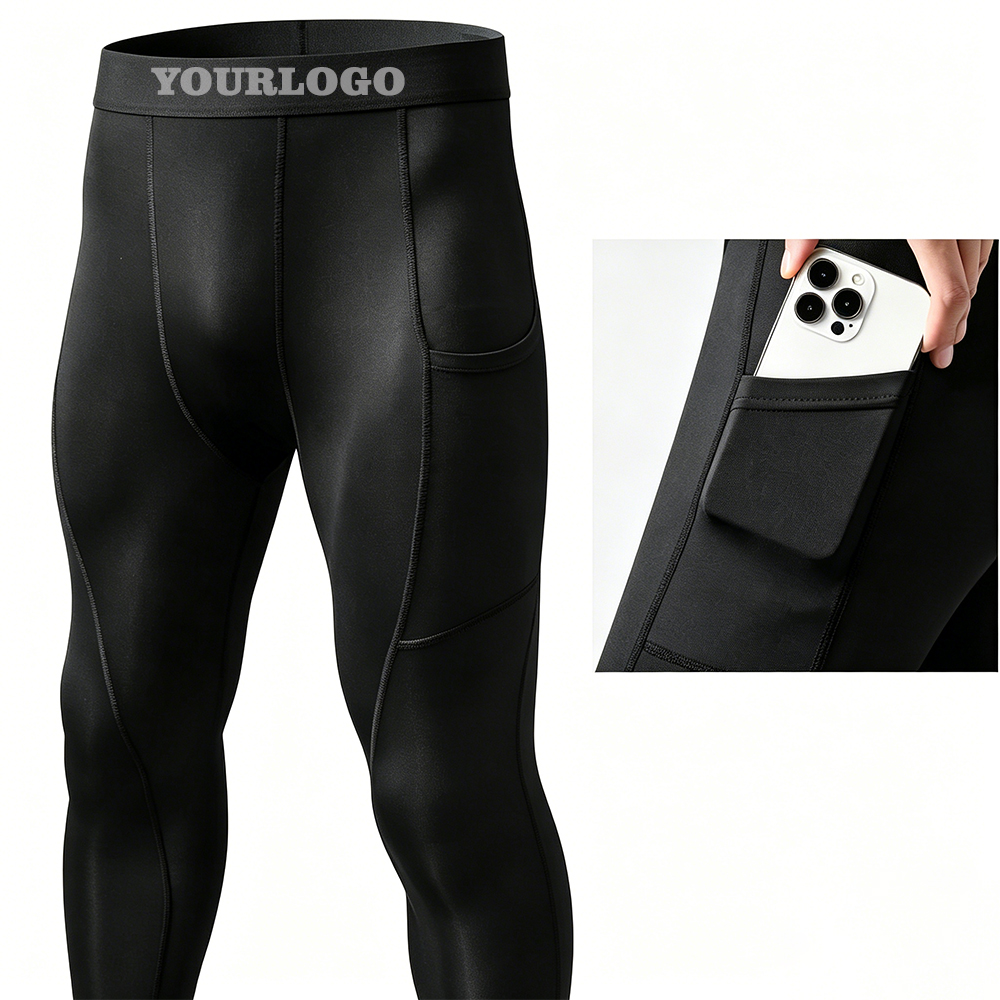 Men Compression Running Tights with Side Phone Pocket, Quick Dry Stretch Athletic Leggings Workout Gym Basketball Base Layer Sports Pants