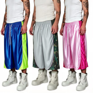 Men Shiny Satin Color Block Wide Leg Capri Basketball Shorts, Elastic Drawstring Waist Loose Baggy Knee Length Mesh Panel Streetwear Athletic Cropped Shorts