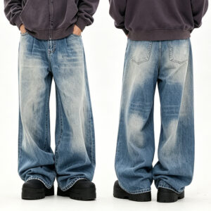 Men Vintage Washed Pleated Baggy Wide Leg Jeans, Oversized Loose Faded Whisker Denim Pants Hip Hop Streetwear Casual Straight Baggy Trousers Low Shrinkage