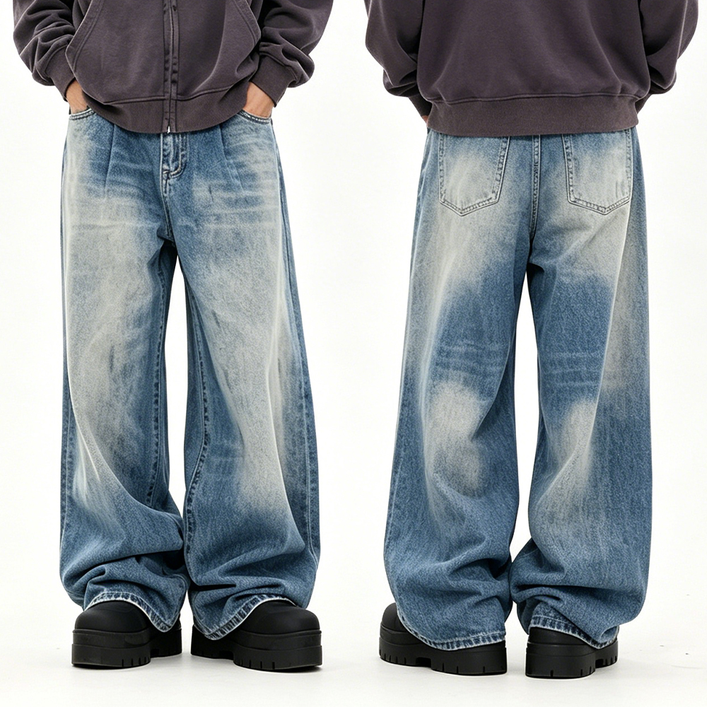 Men Vintage Washed Pleated Baggy Wide Leg Jeans, Oversized Loose Faded Whisker Denim Pants Hip Hop Streetwear Casual Straight Baggy Trousers Low Shrinkage