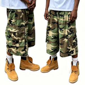 Men Camo Wide Leg Capri Cargo Shorts, Heavy Washed Cotton Multi Pocket Baggy Cropped Cargo Shorts, Low Shrink Camouflage Streetwear 7/8 Pants Custom Logo
