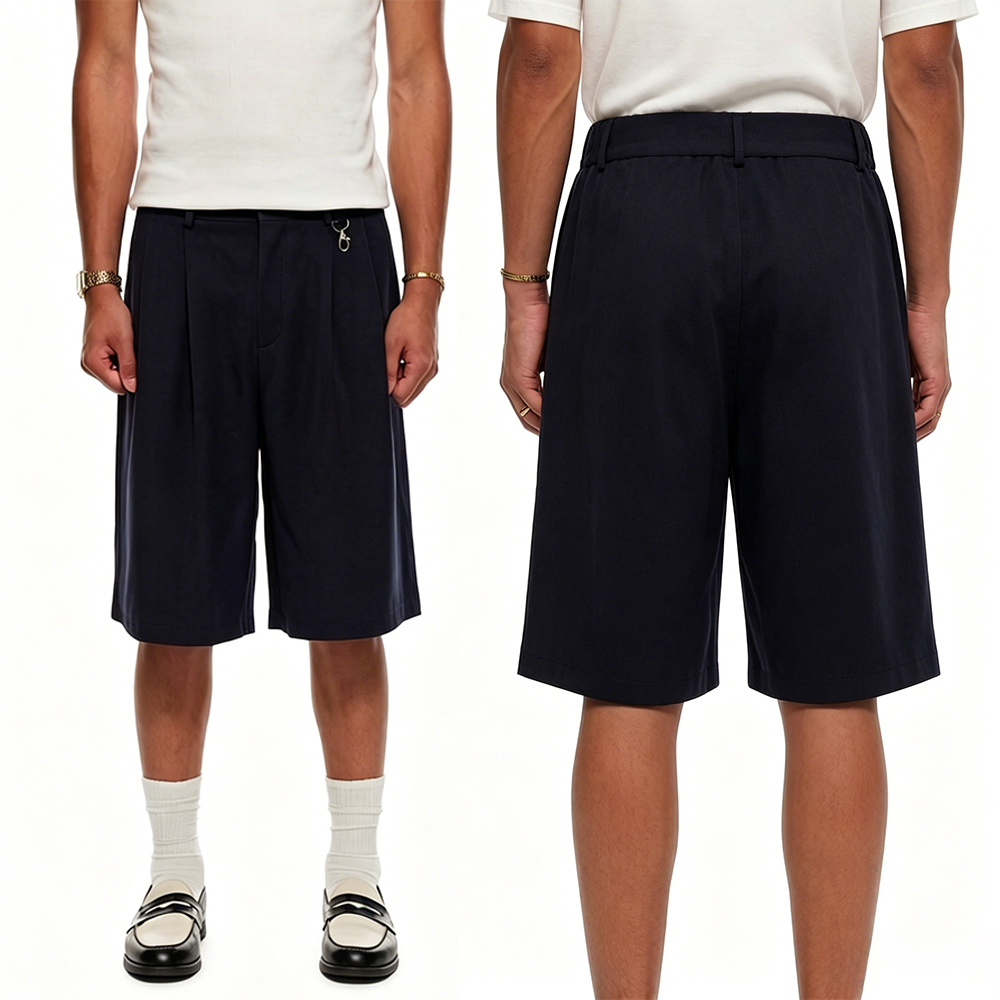 Men Double Pleated Wide Leg Bermuda Suit Shorts, Back Elastic Waist Decorative Clip Knee Length Woven Dress Shorts, Low Shrink Casual Tailored Shorts Custom Embroidery Logo