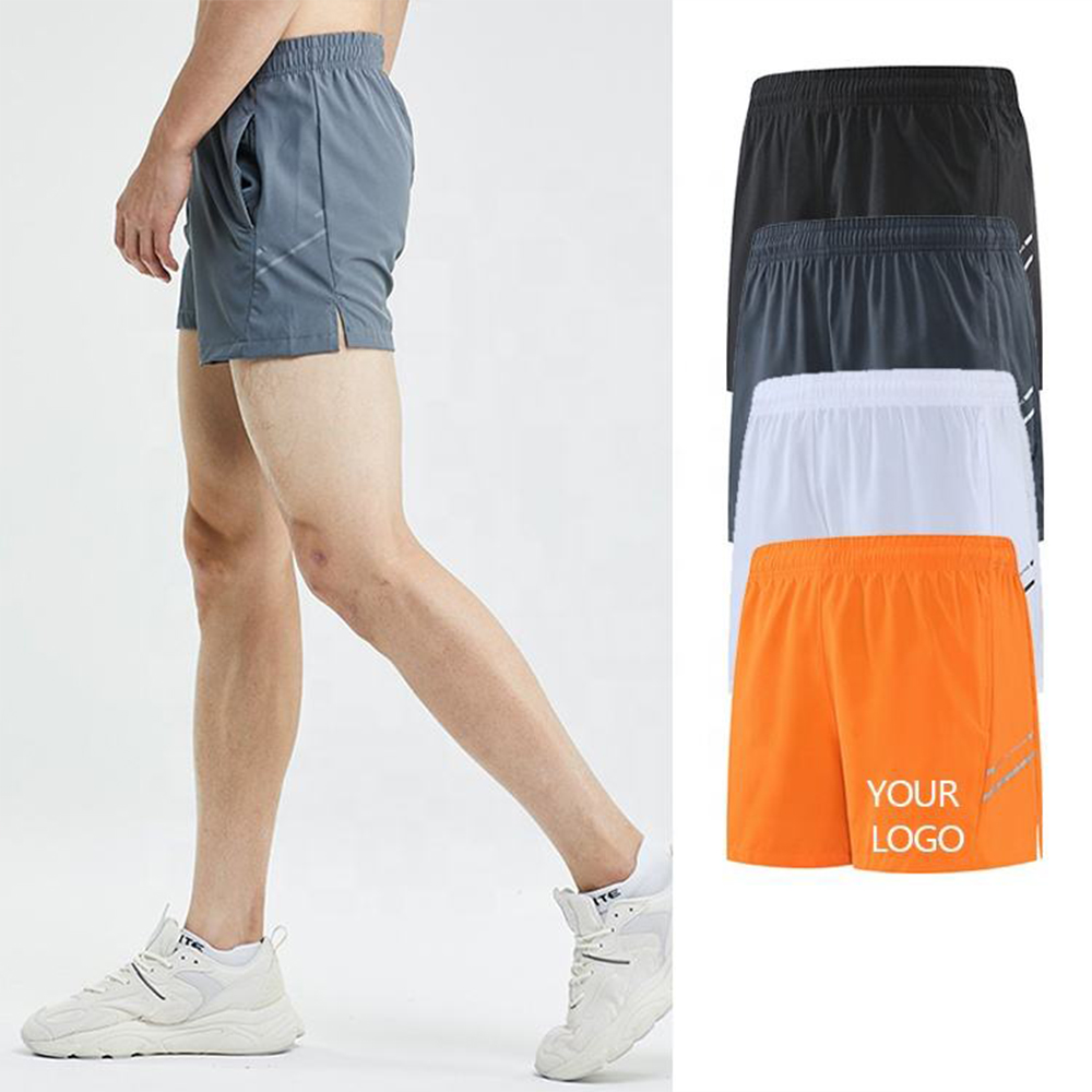 Men Quick Dry Running Athletic Shorts, Elastic Waist Drawstring Zipper Pocket Reflective Strip Split Hem Training Shorts, Low Shrink Lightweight Workout Shorts Custom Embroidery Logo
