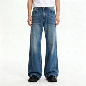 Men Vintage Washed Flare Jeans, Low Shrink Cotton High Waist Baggy Bootcut Denim Pants, Distressed Back Pocket Retro Streetwear Denim Trousers Custom Logo Wholesale ****