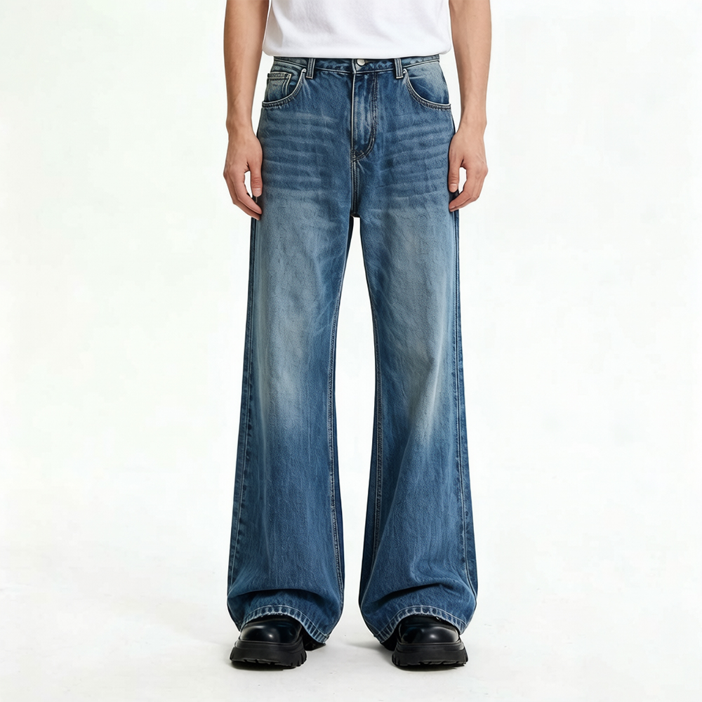 Men Vintage Washed Flare Jeans, Low Shrink Cotton High Waist Baggy Bootcut Denim Pants, Distressed Back Pocket Retro Streetwear Denim Trousers Custom Logo Wholesale ****