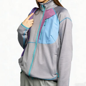 Unisex Grid Texture Fleece Midlayer Jacket, Full Zip Stand Collar Breathable Hiking Jacket, Low Shrink Color Block Outdoor Thermal Jacket for Men Women Custom Logo