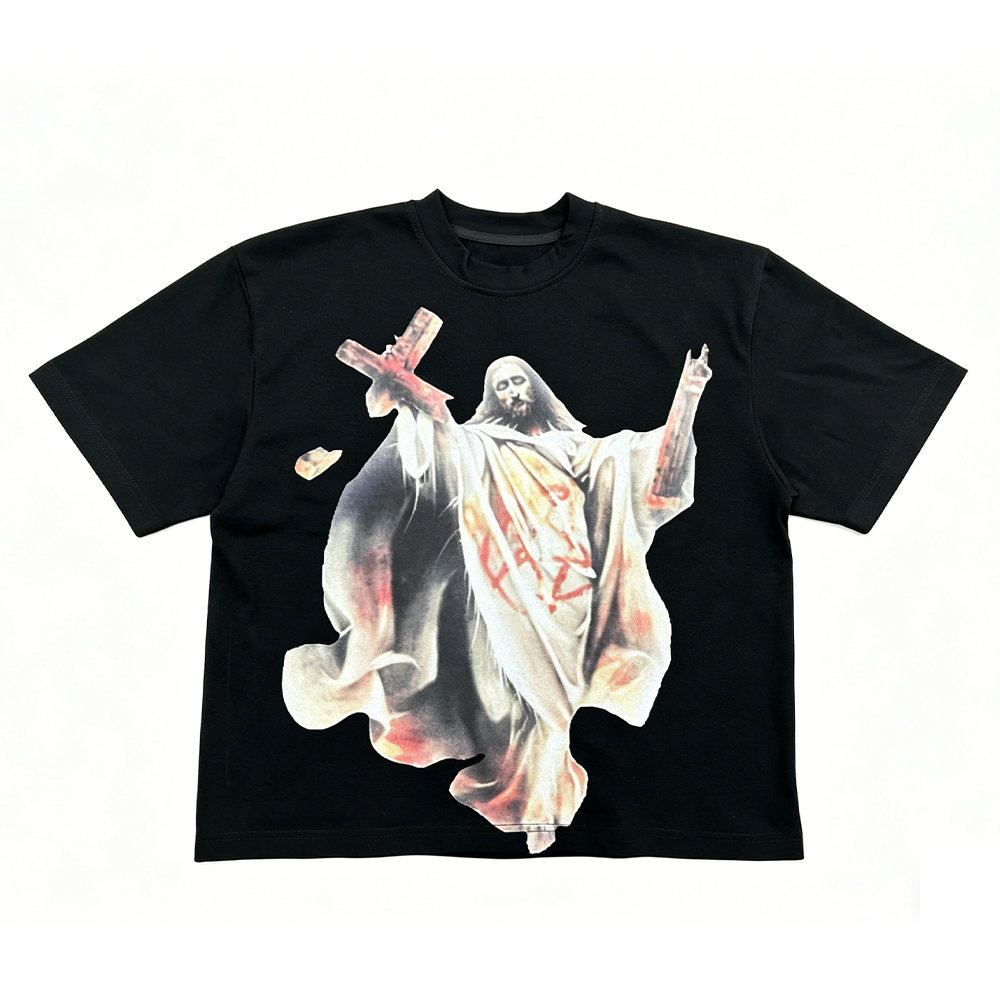 Men Gothic Grim Reaper Cross Graphic Cropped Boxy T-Shirt, Vintage Distressed Number 9 Back Print Pre-Shrunk Low Shrink Heavyweight Cotton Streetwear Short Sleeve Tee