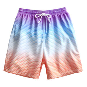 Men Low Shrink Gradient Print Quick Dry Swim Trunks, Elastic Drawstring Zipper Back Pocket Split Hem Beach Board Shorts
