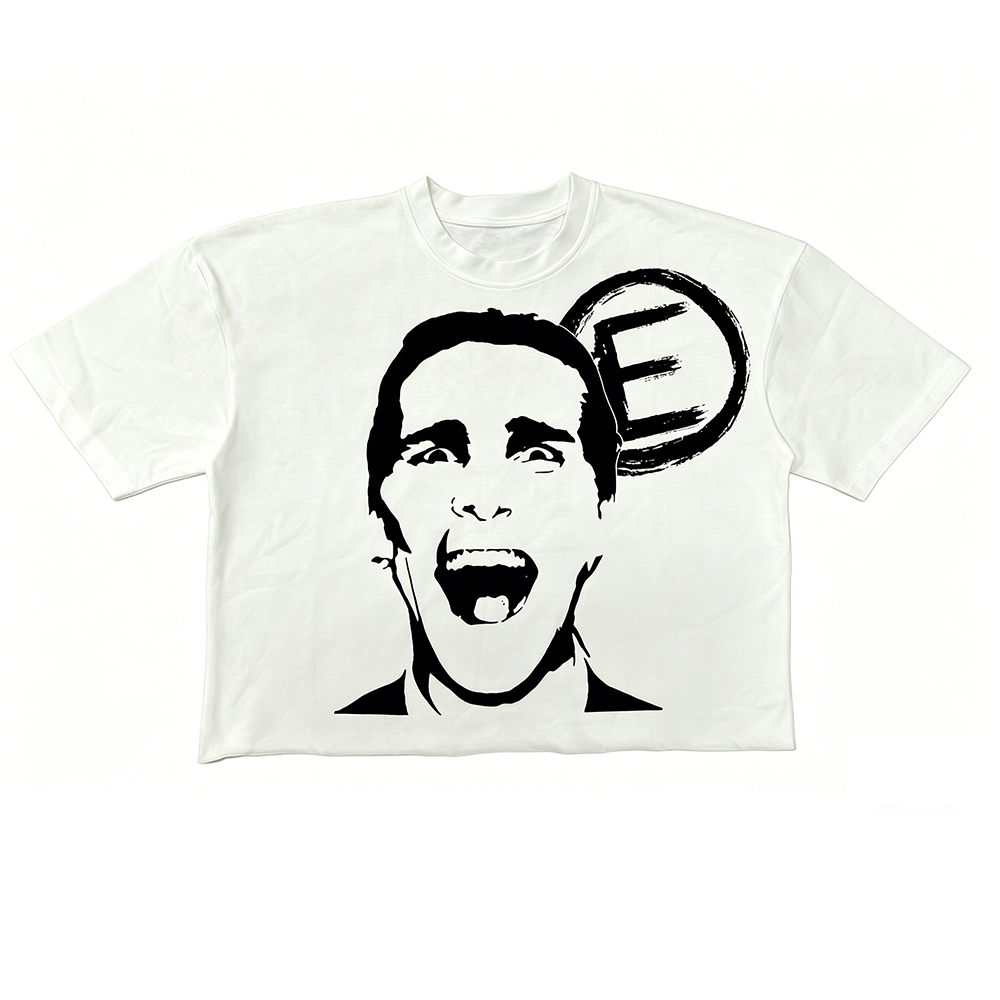 Men Women Cropped Raw Edge Graphic T-Shirt, American Psycho Face Print Gothic Punk Crop Tee, "Did You Know I'm Utterly Insane" Back Print Low Shrink Oversized Streetwear T Shirt