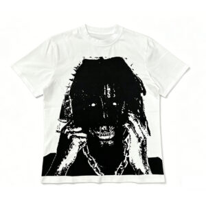 Unisex Cropped Curved Hem Graphic T-Shirt, Vintage Distressed Dark Portrait Print Short Sleeve Tee, Pre-Shrunk Low Shrink Heavy Cotton Hip Hop Streetwear T Shirt