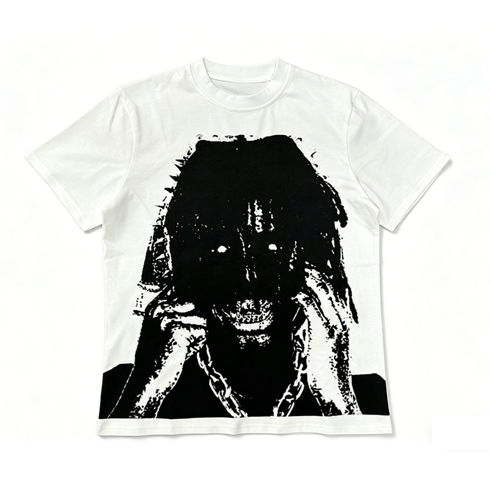 Unisex Cropped Curved Hem Graphic T-Shirt, Vintage Distressed Dark Portrait Print Short Sleeve Tee, Pre-Shrunk Low Shrink Heavy Cotton Hip Hop Streetwear T Shirt