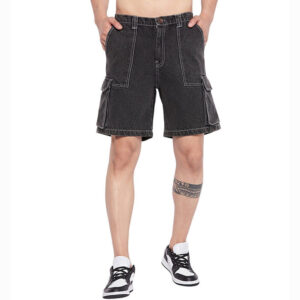 Men Low Shrink Washed Denim Cargo Bermuda Shorts, Contrast Stitch Multi Pocket Knee Length Streetwear Jean Shorts Custom Logo ****