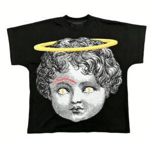 Unisex Boxy Oversized Graphic T-Shirt, Vintage Cherub Angel Face Front & Big Silver Wings Back Print Tee, Pre-Shrunk Low Shrink Heavy Cotton Hip Hop Streetwear T Shirt