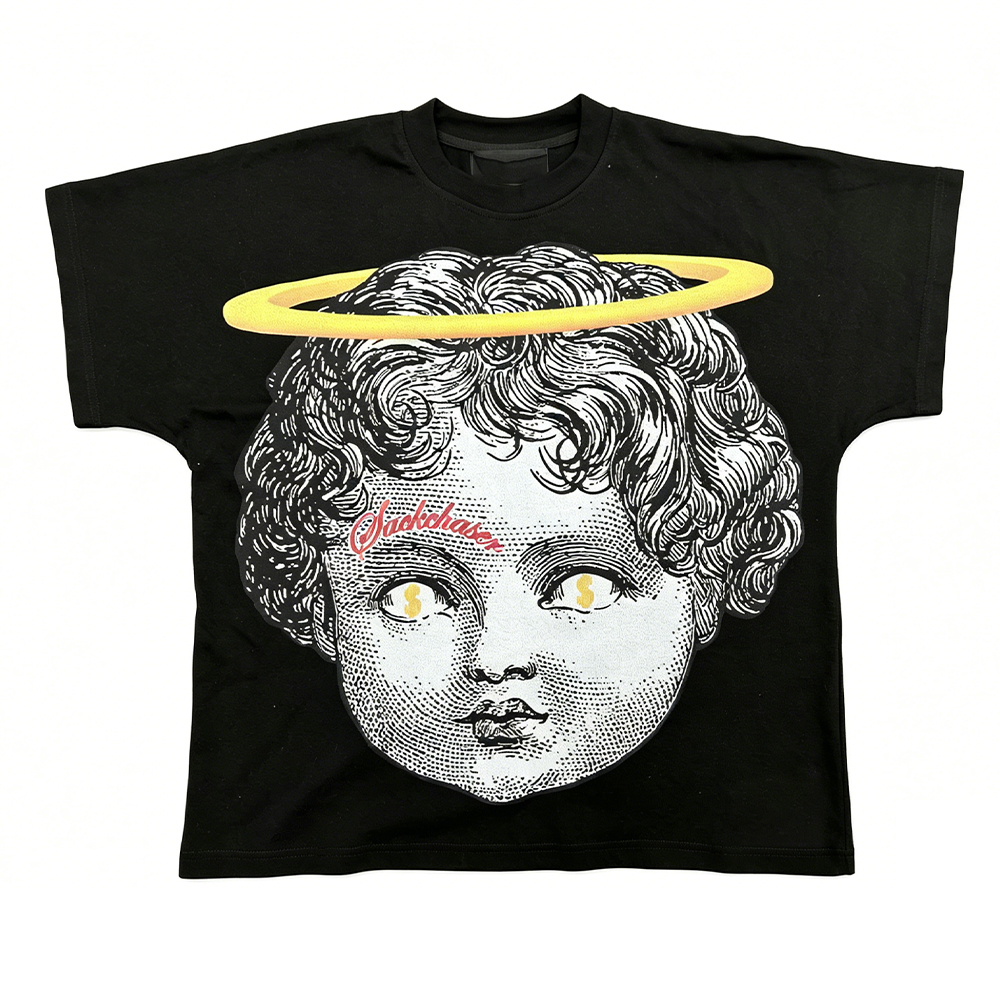 Unisex Boxy Oversized Graphic T-Shirt, Vintage Cherub Angel Face Front & Big Silver Wings Back Print Tee, Pre-Shrunk Low Shrink Heavy Cotton Hip Hop Streetwear T Shirt