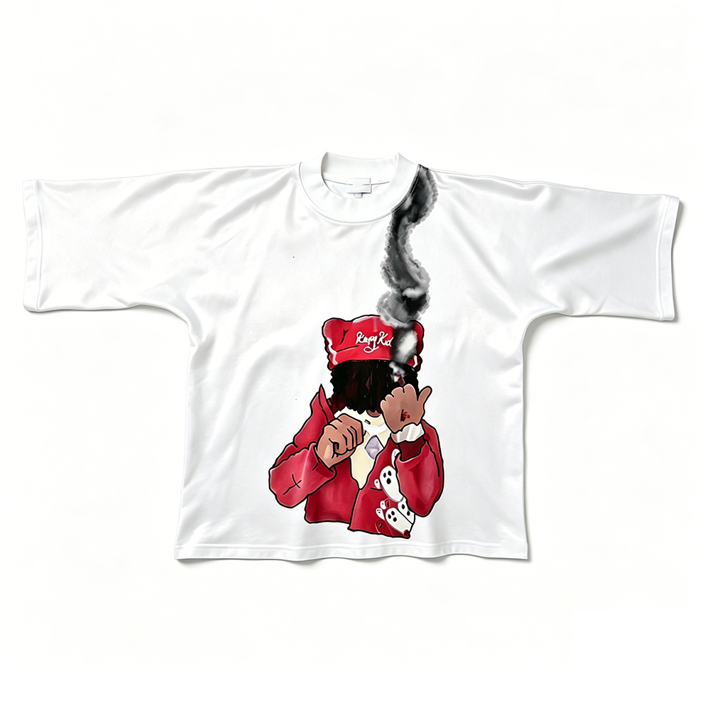 Unisex Cropped Boxy Oversized Hip Hop Graphic T-Shirt, Front & Back Red Hat Rapper Smoke Print Tee, Pre-Shrunk Low Shrink Heavy Cotton Streetwear Short Sleeve T Shirt