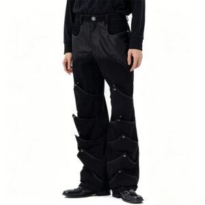 Men Low Shrink Deconstructed Flare Cargo Pants, Multi-Layer Rivet Patchwork Contrast Stitch Streetwear Bootcut Trousers, Custom Logo Gothic Punk Pants ****