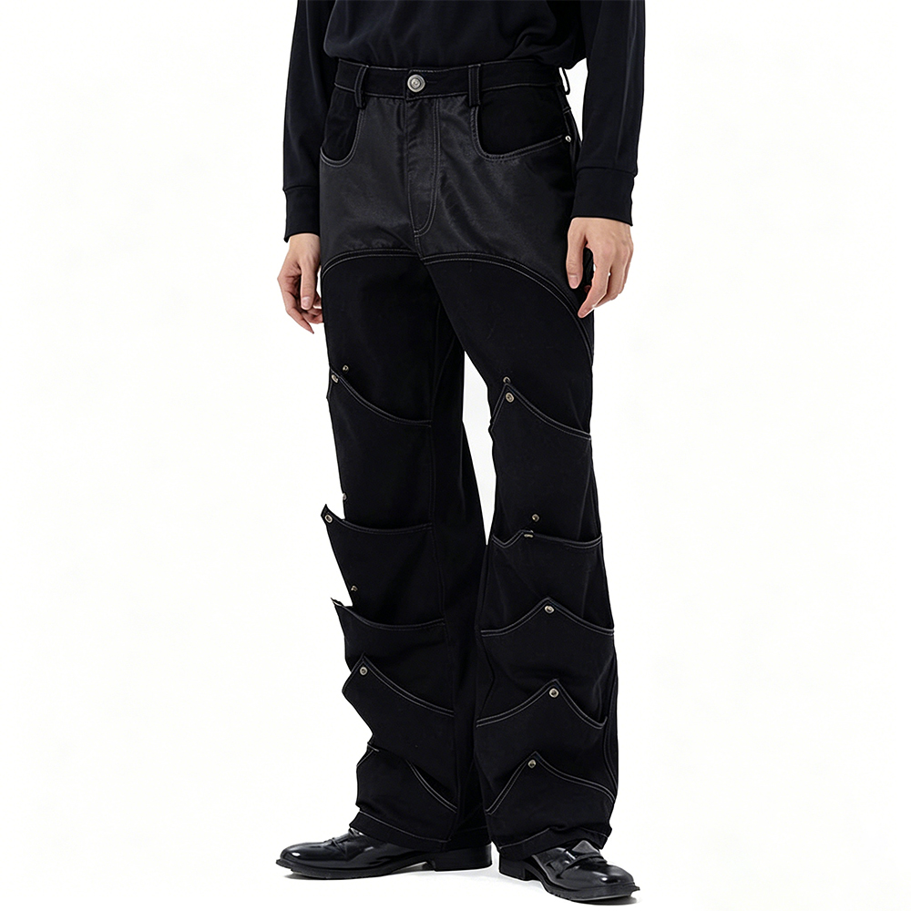 Men Low Shrink Deconstructed Flare Cargo Pants, Multi-Layer Rivet Patchwork Contrast Stitch Streetwear Bootcut Trousers, Custom Logo Gothic Punk Pants ****