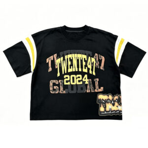 Unisex Vintage Cropped Boxy T-Shirt, TWENTE47 2024 & 555 Front Back Distressed Letter Print Tee, Striped Sleeve Pre-Shrunk Low Shrink Heavy Cotton Streetwear Short Sleeve Top
