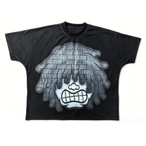Unisex Concrete Closet Brick Cartoon Cropped Boxy T-Shirt, Front Angry Face Back Circle Graphic Washed Low Shrink Heavy Cotton Oversized Streetwear Short Sleeve Tee