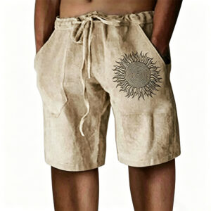 Men Low Shrink Linen Casual Drawstring Shorts, Boho Sun Graphic Print Knee Length Vacation Beach Shorts, Elastic Waist Loose Summer Walking Shorts Custom Print ****