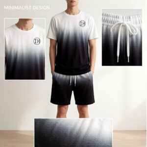 Men Gradient Print 2 Piece Outfit Set, Low Shrink Crew Neck Short Sleeve T-Shirt & Elastic Drawstring Shorts Casual Summer Tracksuit Custom Logo ****