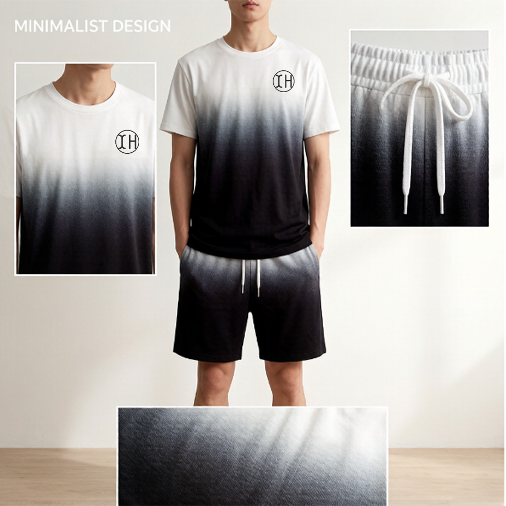 Men Gradient Print 2 Piece Outfit Set, Low Shrink Crew Neck Short Sleeve T-Shirt & Elastic Drawstring Shorts Casual Summer Tracksuit Custom Logo ****