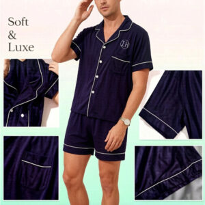 Men 3 Piece Pajama Set, Low Shrink Modal Short Sleeve Notch Collar Button Down Loungewear, Elastic Waist Shorts & Long Pants Sleepwear Custom Logo ****