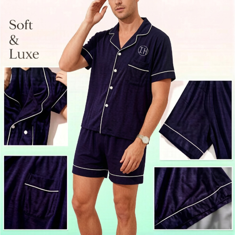 Men 3 Piece Pajama Set, Low Shrink Modal Short Sleeve Notch Collar Button Down Loungewear, Elastic Waist Shorts & Long Pants Sleepwear Custom Logo ****