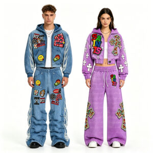 Men Women Heavyweight Low Shrink Patch Embroidery Tracksuit, Cropped Zip Up Hoodie & Wide Leg Stacked Pants Y2K Hip Hop Streetwear Set Custom Logo ****