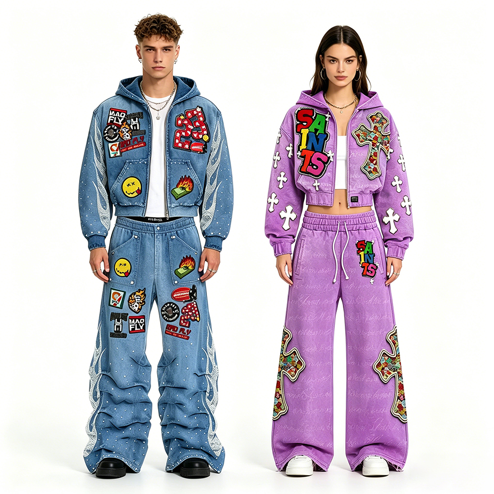 Men Women Heavyweight Low Shrink Patch Embroidery Tracksuit, Cropped Zip Up Hoodie & Wide Leg Stacked Pants Y2K Hip Hop Streetwear Set Custom Logo ****