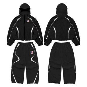 Low Shrink Nylon Windbreaker Tracksuit 2 Piece Set, American Badge Line Splicing Cropped Zip Hooded Jacket & Baggy Jogger Pants, Custom Logo Streetwear Running Outfit ****