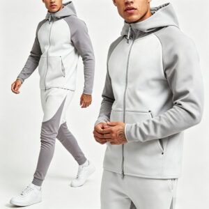 Low Shrink French Terry Tracksuit Men, Raglan Color Block Full Zip Hoodie & Slim Fit Jogger Pants, Custom Logo 2 Piece Casual Sport Sweatsuit