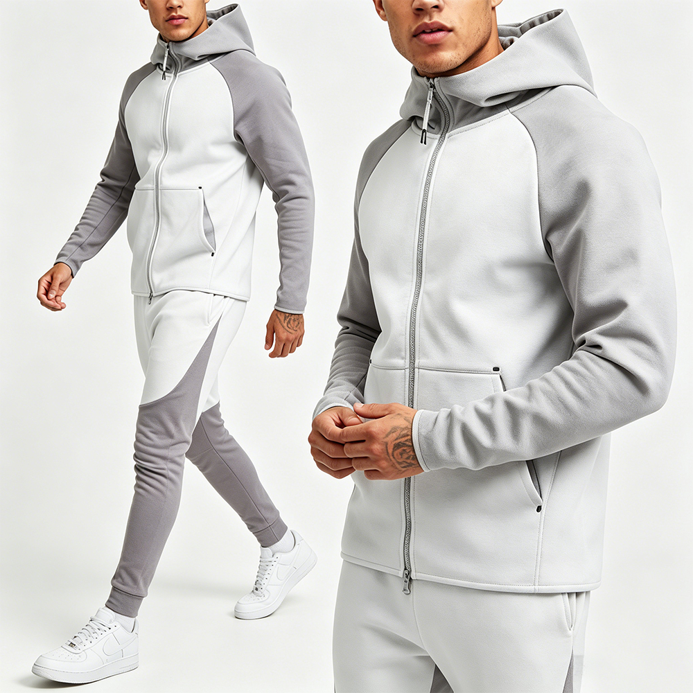 Low Shrink French Terry Tracksuit Men, Raglan Color Block Full Zip Hoodie & Slim Fit Jogger Pants, Custom Logo 2 Piece Casual Sport Sweatsuit